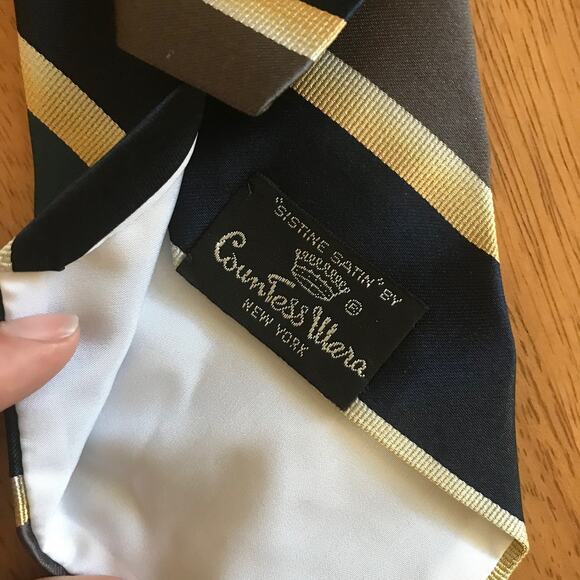 Vintage Countess Wara Striped Tie, Grey Navy Teal Gold Tie, Woolf Brothers - Picture 4 of 5